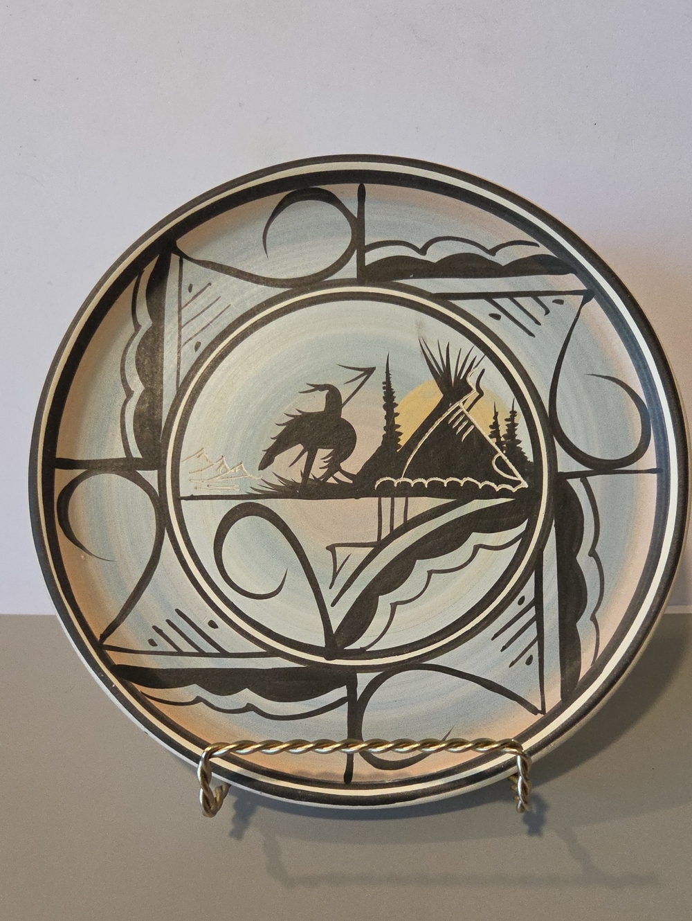 Hand-Painted Decorative Navajo Wall Plate in Light Blue and Black-Signed
